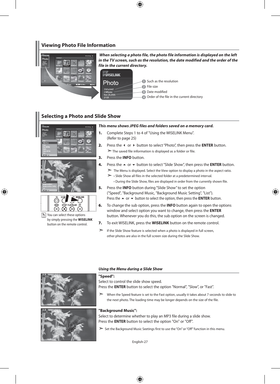 Viewing photo file information, Selecting a photo and slide show | Samsung LE40N71B User Manual | Page 29 / 355