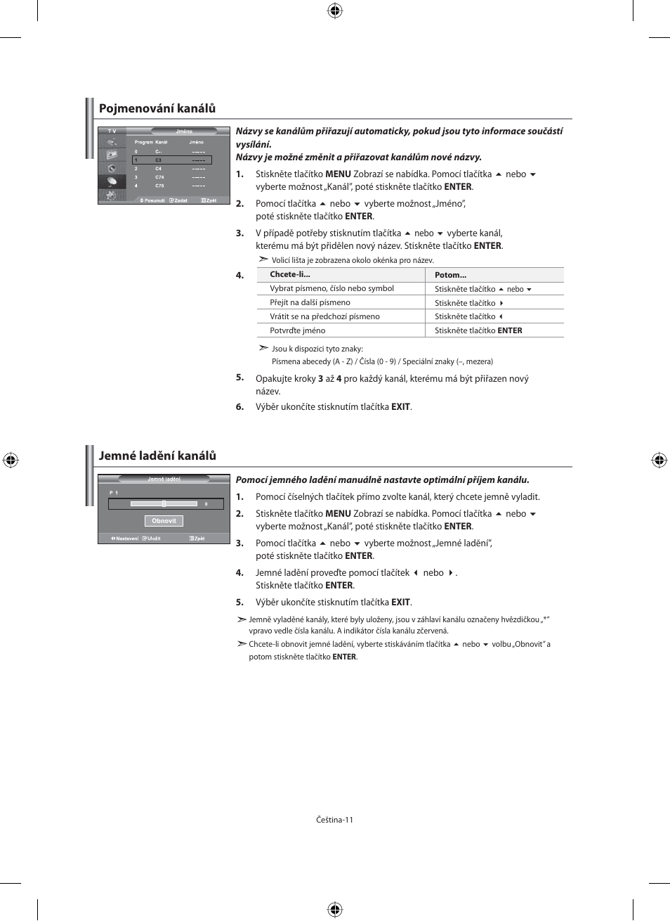 Pojmenování kanálů jemné ladění kanálů | Samsung LE40N71B User Manual | Page 321 / 355