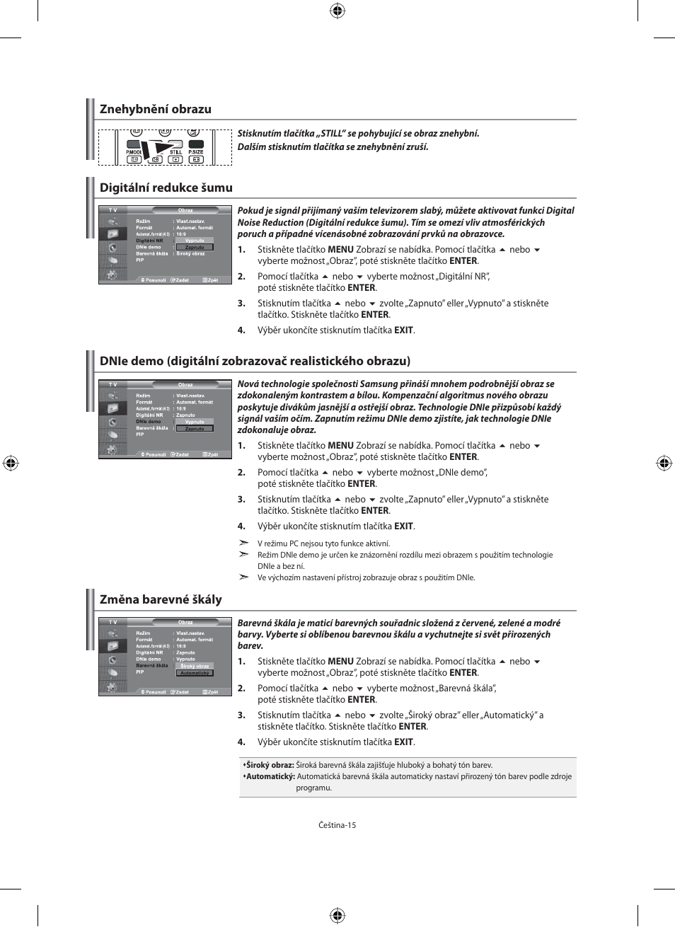 Znehybnění obrazu, Digitální redukce šumu, Změna barevné škály | Samsung LE40N71B User Manual | Page 325 / 355