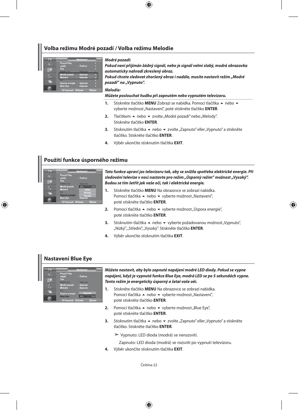 Použití funkce úsporného režimu, Volba režimu modré pozadí / volba režimu melodie, Nastavení blue eye | Samsung LE40N71B User Manual | Page 332 / 355
