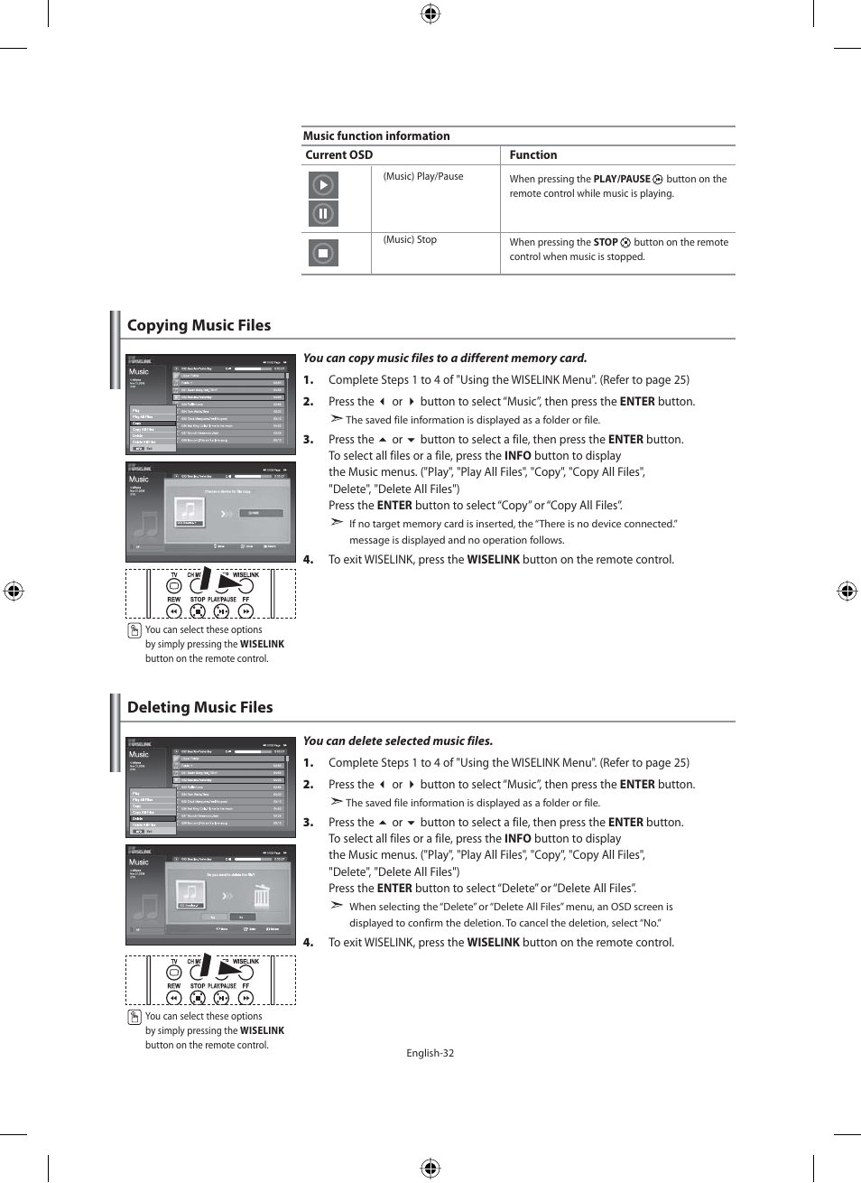 Copying music files, Deleting music files | Samsung LE40N71B User Manual | Page 34 / 355