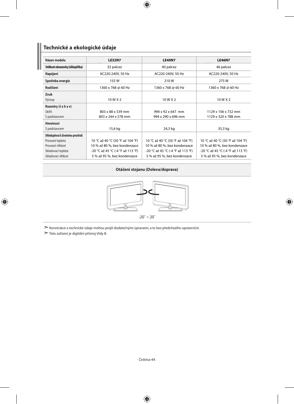 Technické a ekologické údaje | Samsung LE40N71B User Manual | Page 354 / 355