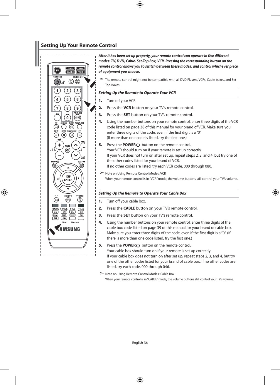 Setting up your remote control | Samsung LE40N71B User Manual | Page 38 / 355