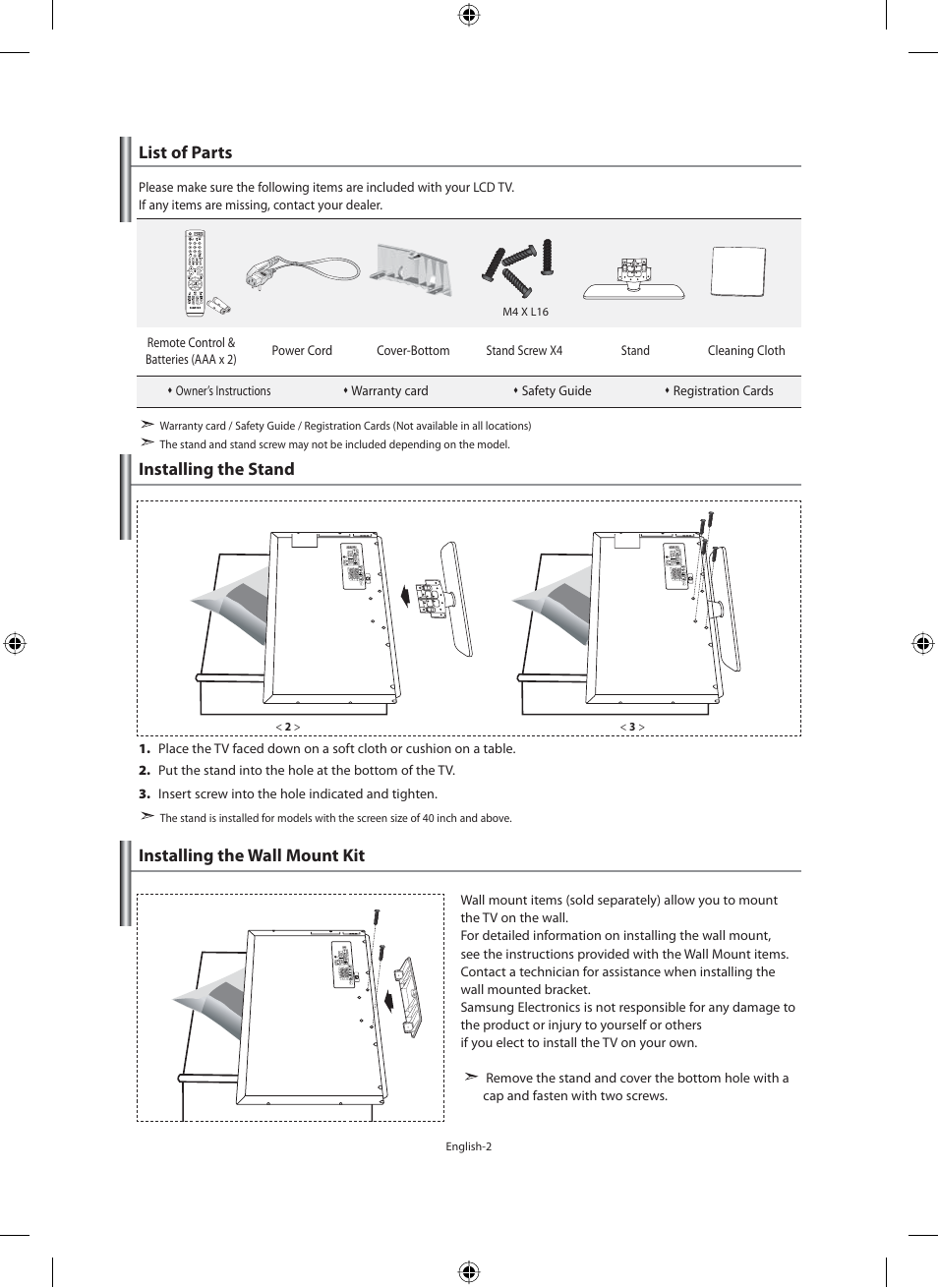 Connecting and preparing your tv, List of parts, Installing the stand | Installing the wall mount kit | Samsung LE40N71B User Manual | Page 4 / 355