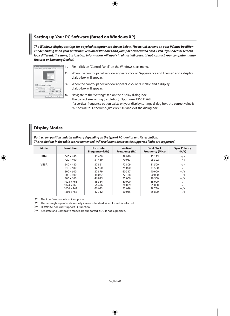 Setting the pc, Setting up your pc software (based on windows xp), Display modes | Samsung LE40N71B User Manual | Page 43 / 355