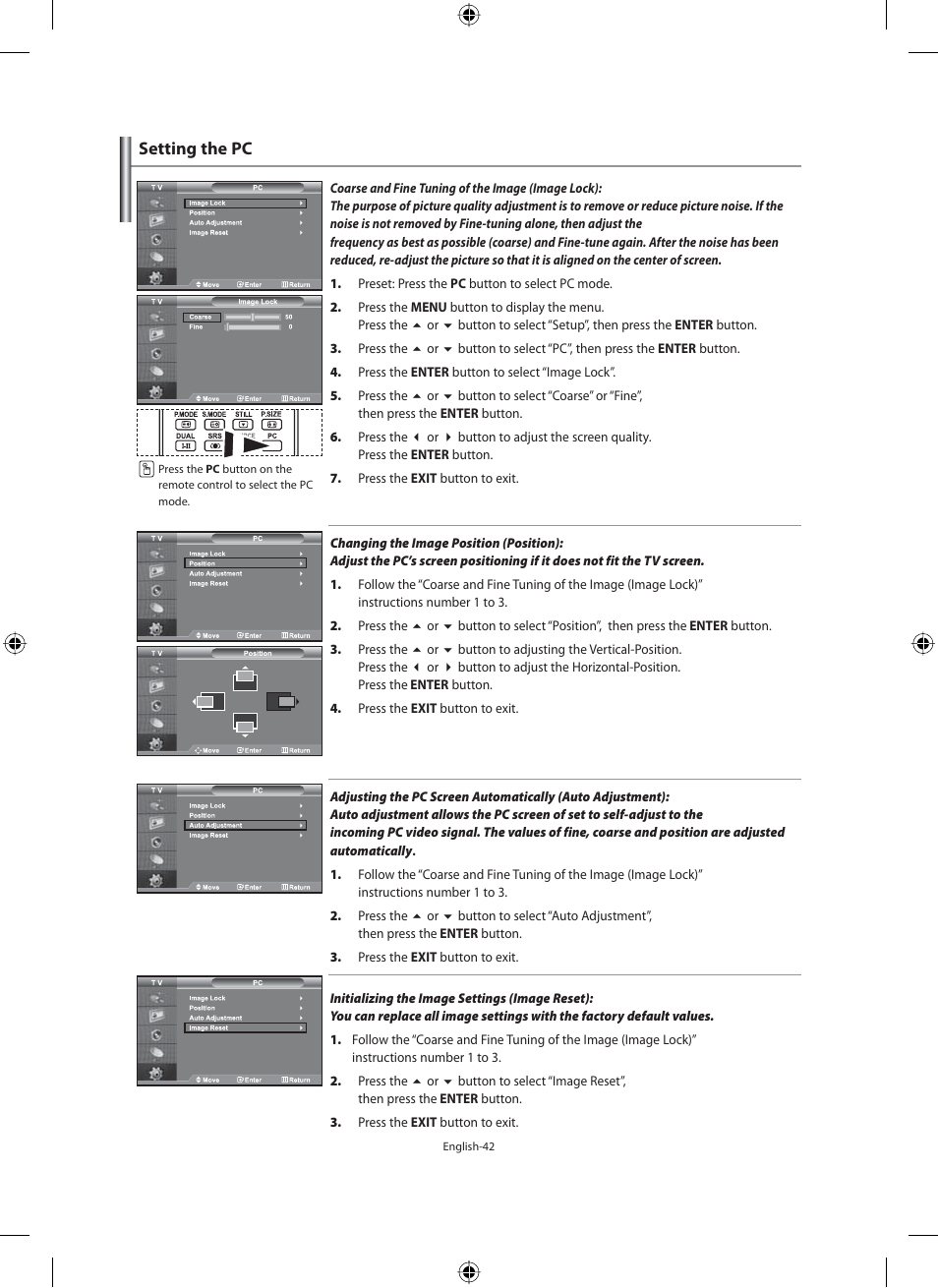 Setting the pc | Samsung LE40N71B User Manual | Page 44 / 355