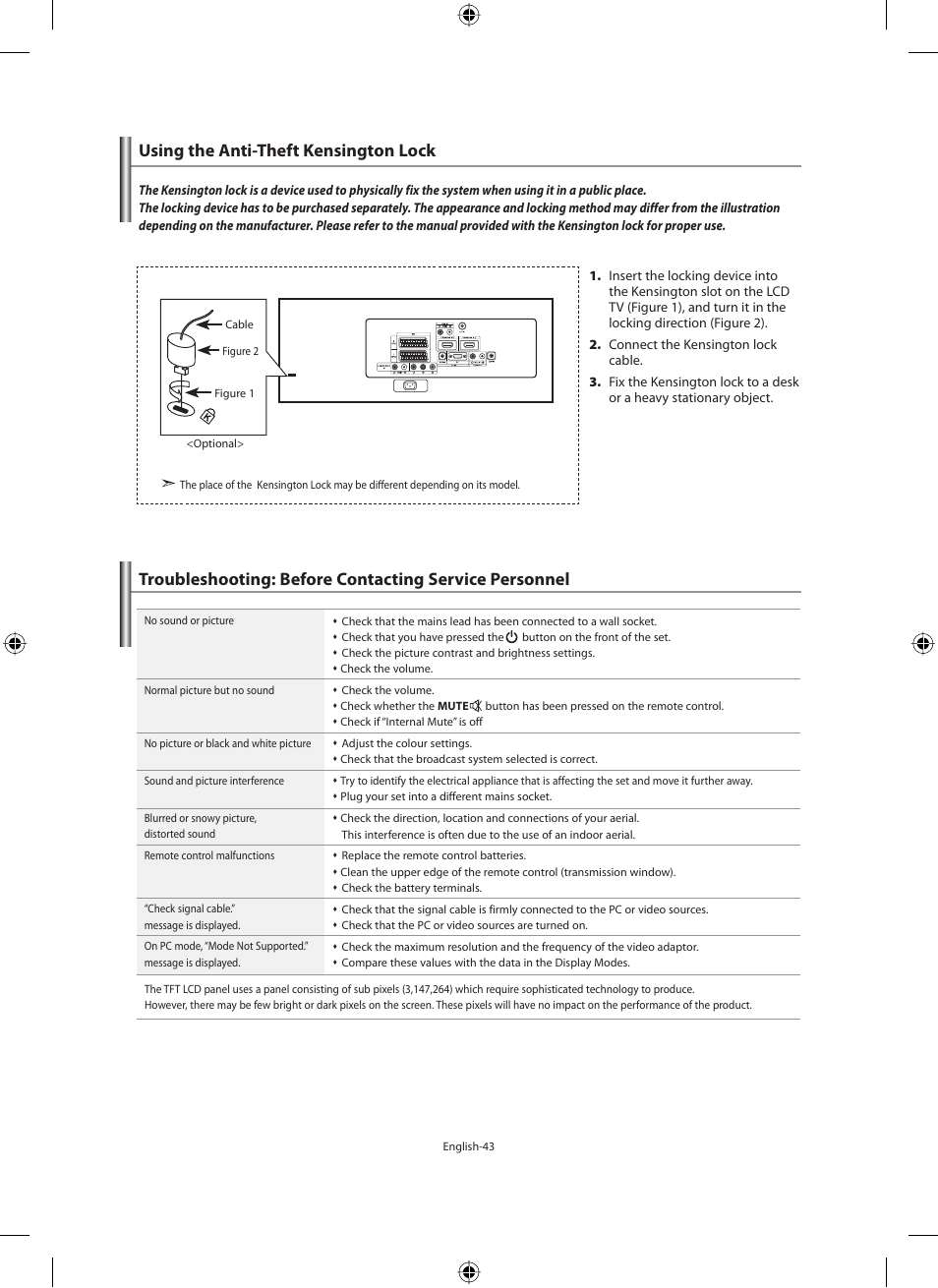 Recommendations for use, Using the anti-theft kensington lock | Samsung LE40N71B User Manual | Page 45 / 355