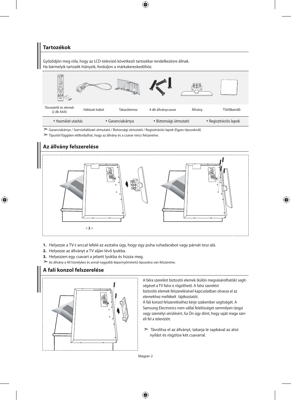 Tartozékok, Az állvány felszerelése, A fali konzol felszerelése | Samsung LE40N71B User Manual | Page 48 / 355