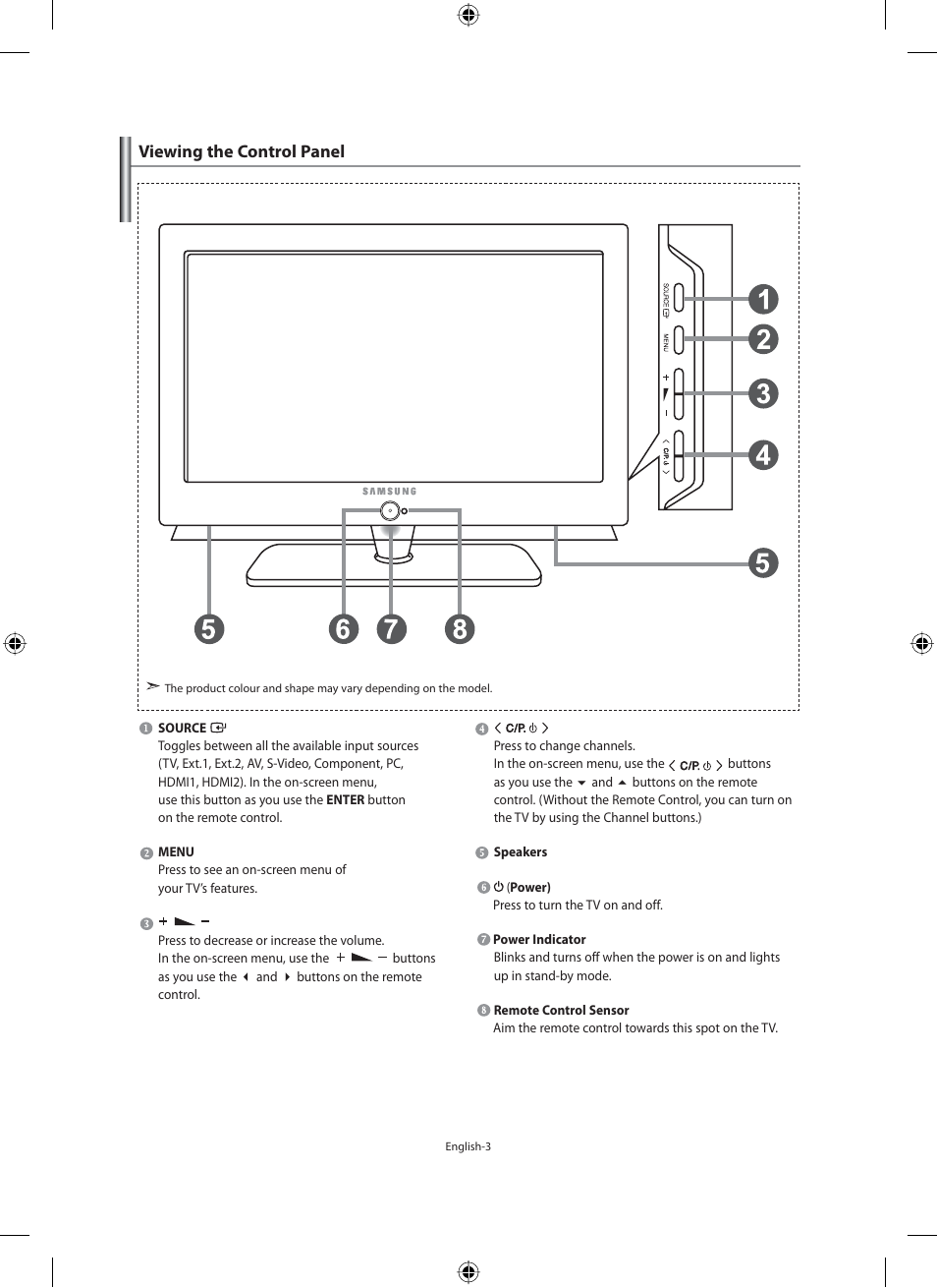 Viewing the control panel | Samsung LE40N71B User Manual | Page 5 / 355