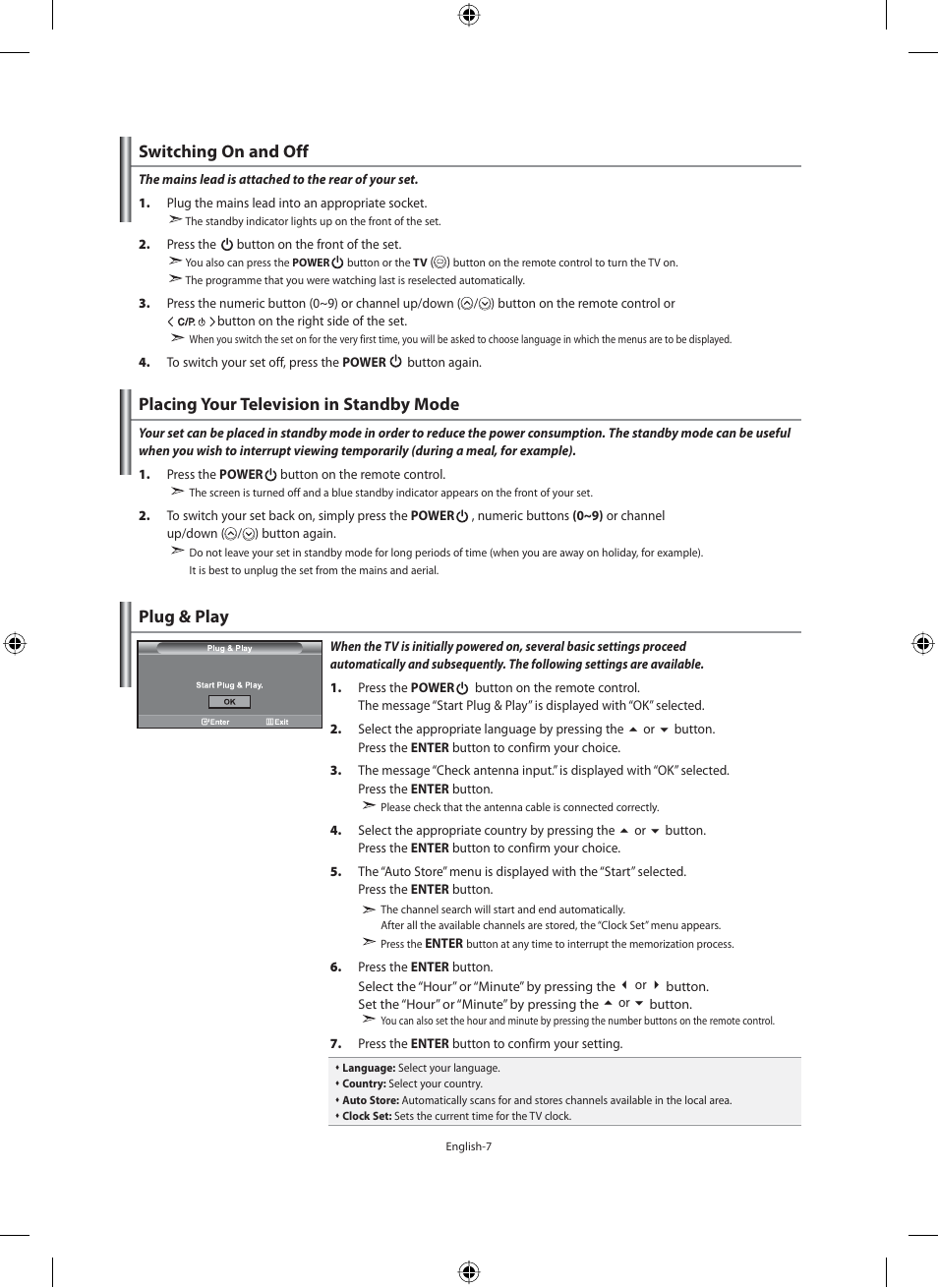 Switching on and off, Placing your television in standby mode, Plug & play | Samsung LE40N71B User Manual | Page 9 / 355