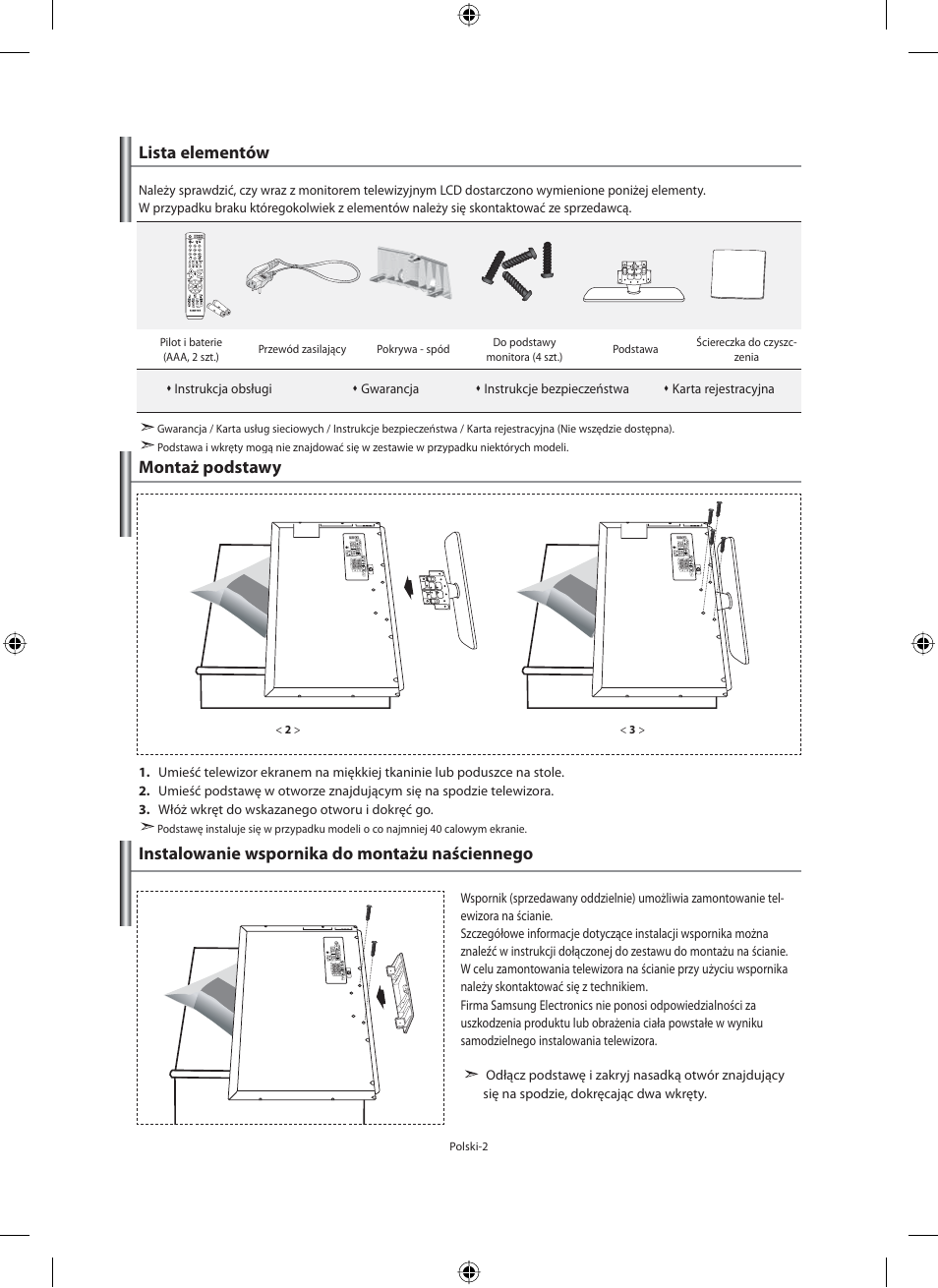 Lista elementów montaż podstawy, Instalowanie wspornika do montażu naściennego | Samsung LE40N71B User Manual | Page 92 / 355