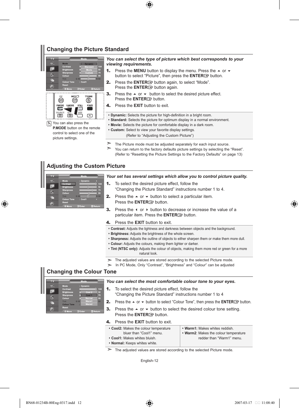 Setting the picture, Changing the picture standard, Adjusting the custom picture | Changing the colour tone | Samsung LE37S62B User Manual | Page 14 / 282
