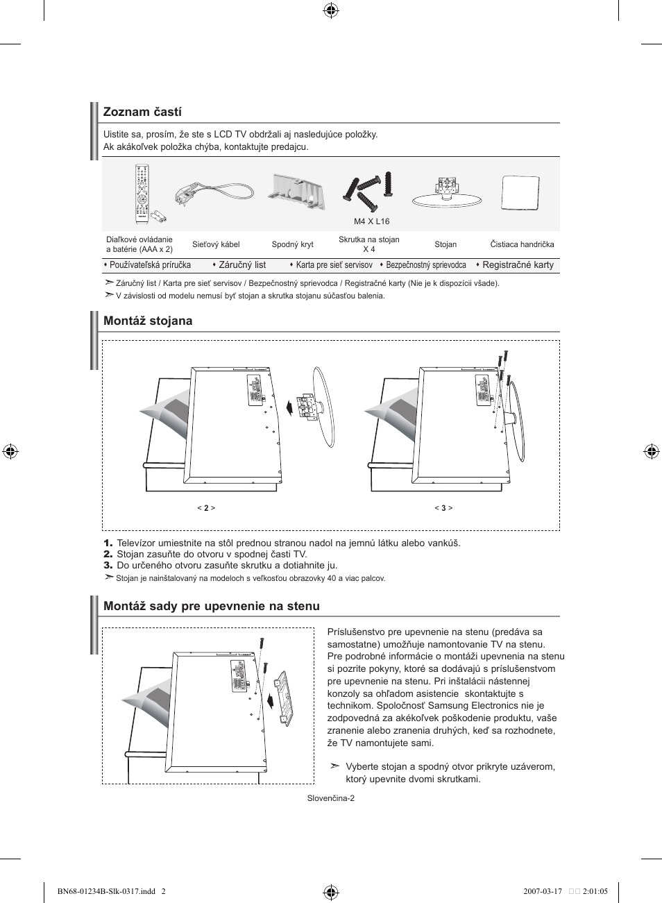Zoznam častí, Montáž stojana, Montáž sady pre upevnenie na stenu | Samsung LE37S62B User Manual | Page 144 / 282
