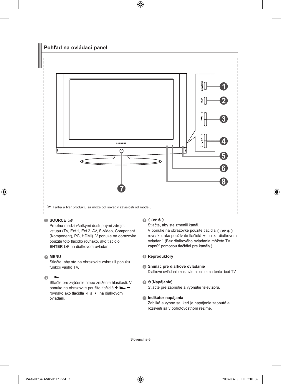 Pohľad na ovládací panel | Samsung LE37S62B User Manual | Page 145 / 282