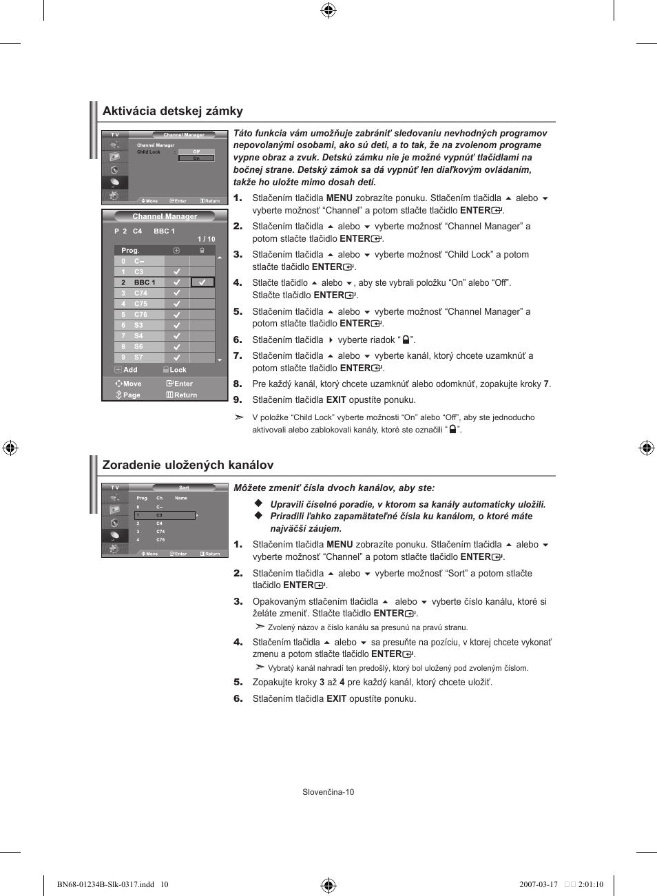 Zoradenie uložených kanálov, Aktivácia detskej zámky | Samsung LE37S62B User Manual | Page 152 / 282