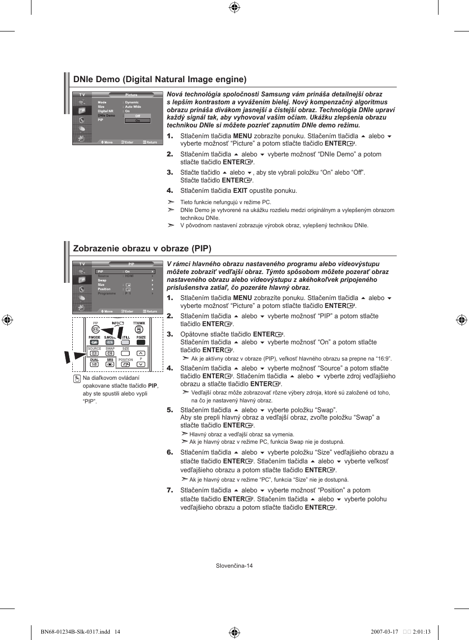 Zobrazenie obrazu v obraze (pip), Dnie demo (digital natural image engine) | Samsung LE37S62B User Manual | Page 156 / 282