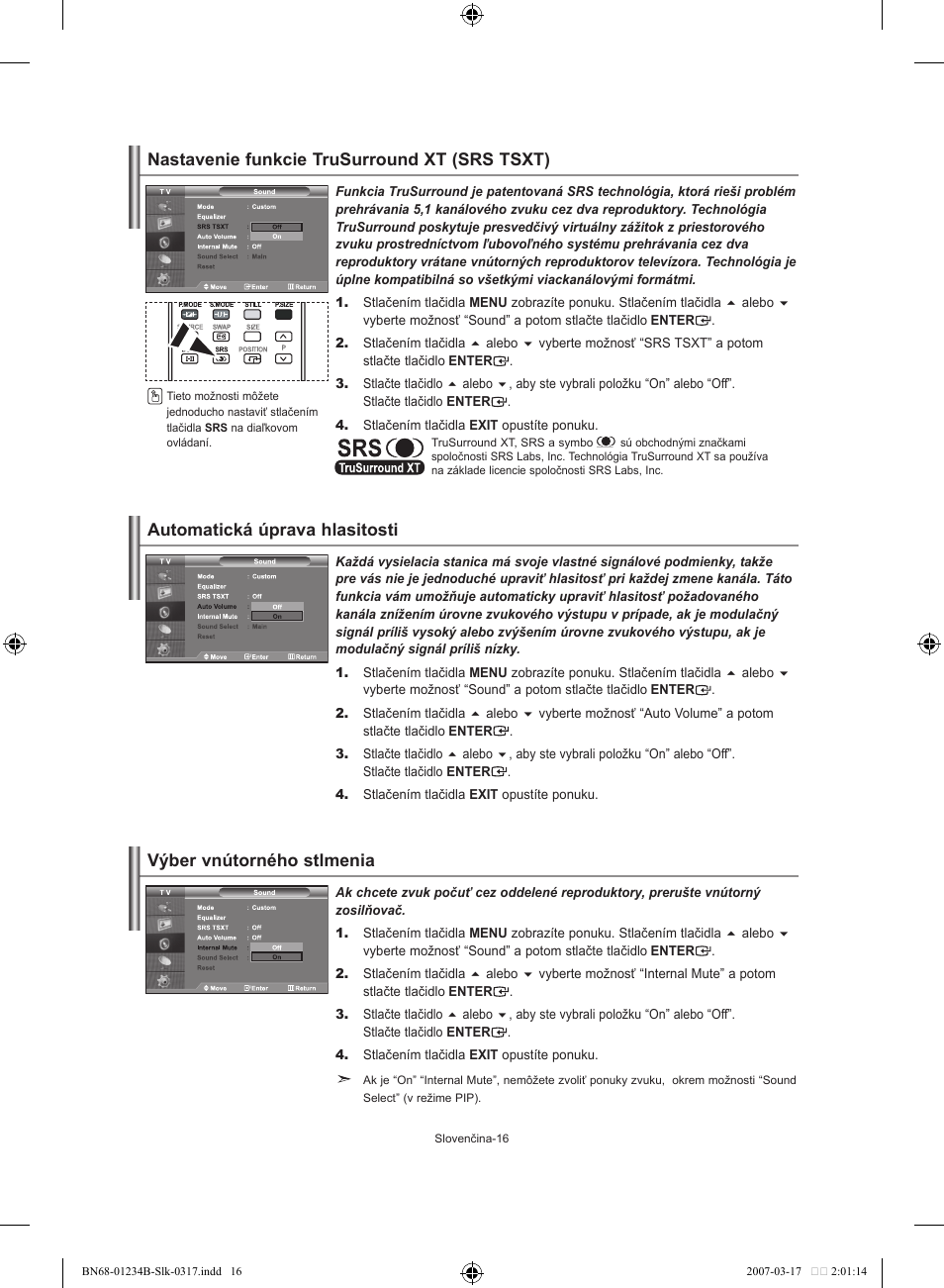 Nastavenie funkcie trusurround xt (srs tsxt), Automatická úprava hlasitosti, Výber vnútorného stlmenia | Samsung LE37S62B User Manual | Page 158 / 282