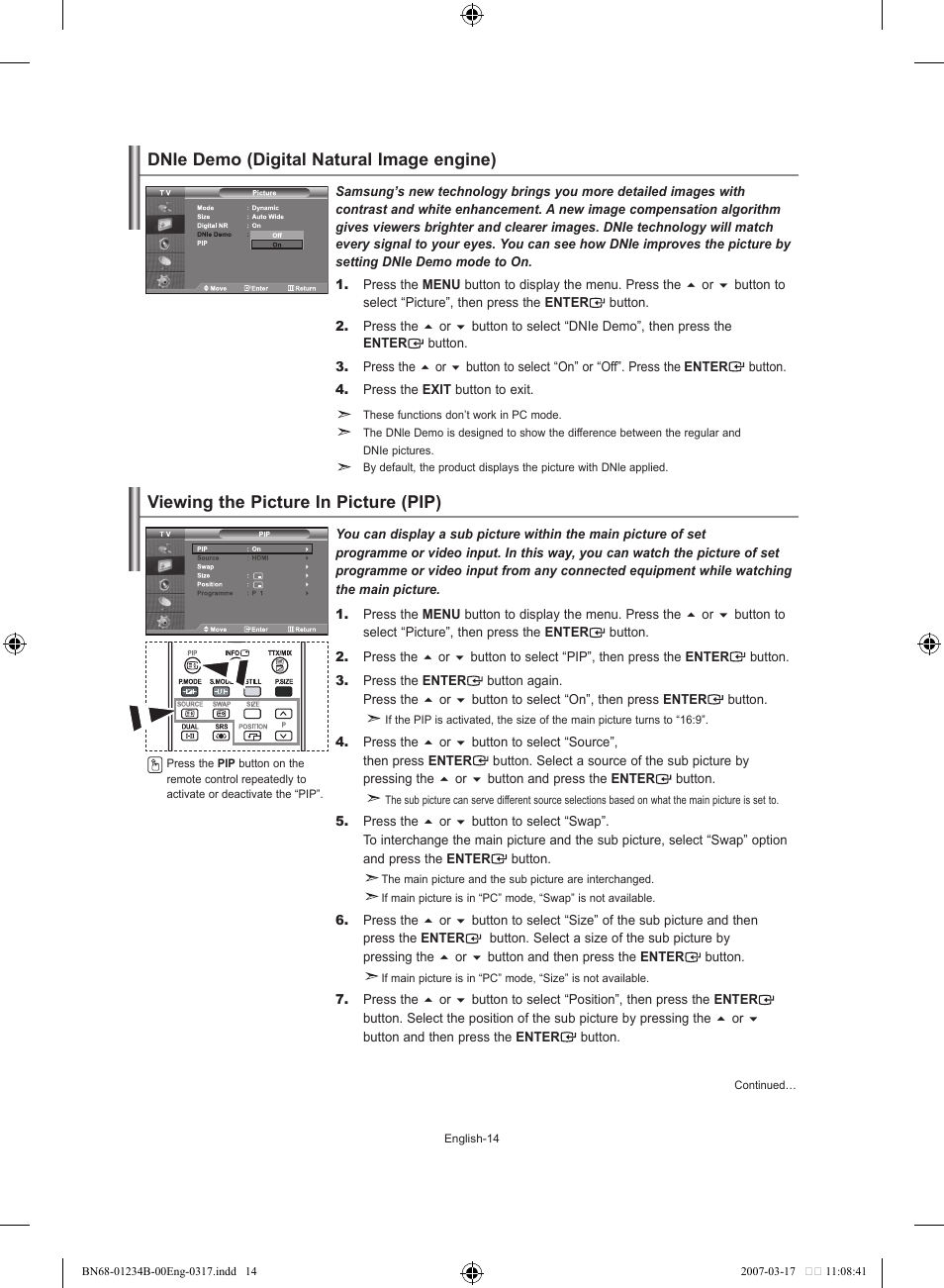Dnie demo (digital natural image engine), Viewing the picture in picture (pip) | Samsung LE37S62B User Manual | Page 16 / 282