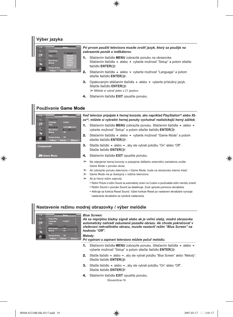 Výber jazyka, Používanie game mode game mode, Nastavenie režimu modrej obrazovky / výber melódie | Samsung LE37S62B User Manual | Page 161 / 282