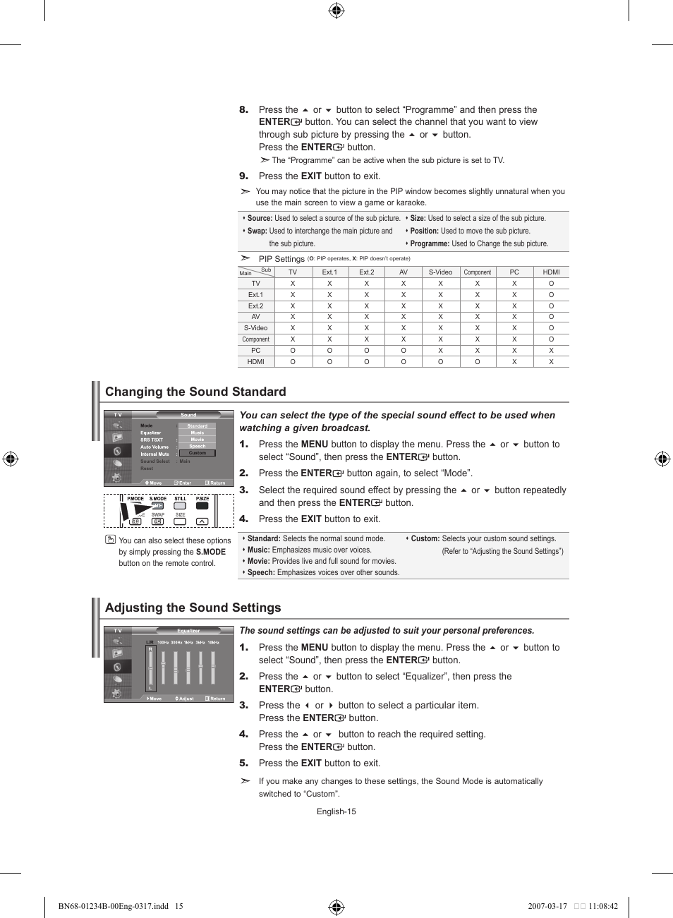 Setting the sound, Changing the sound standard, Adjusting the sound settings | Samsung LE37S62B User Manual | Page 17 / 282