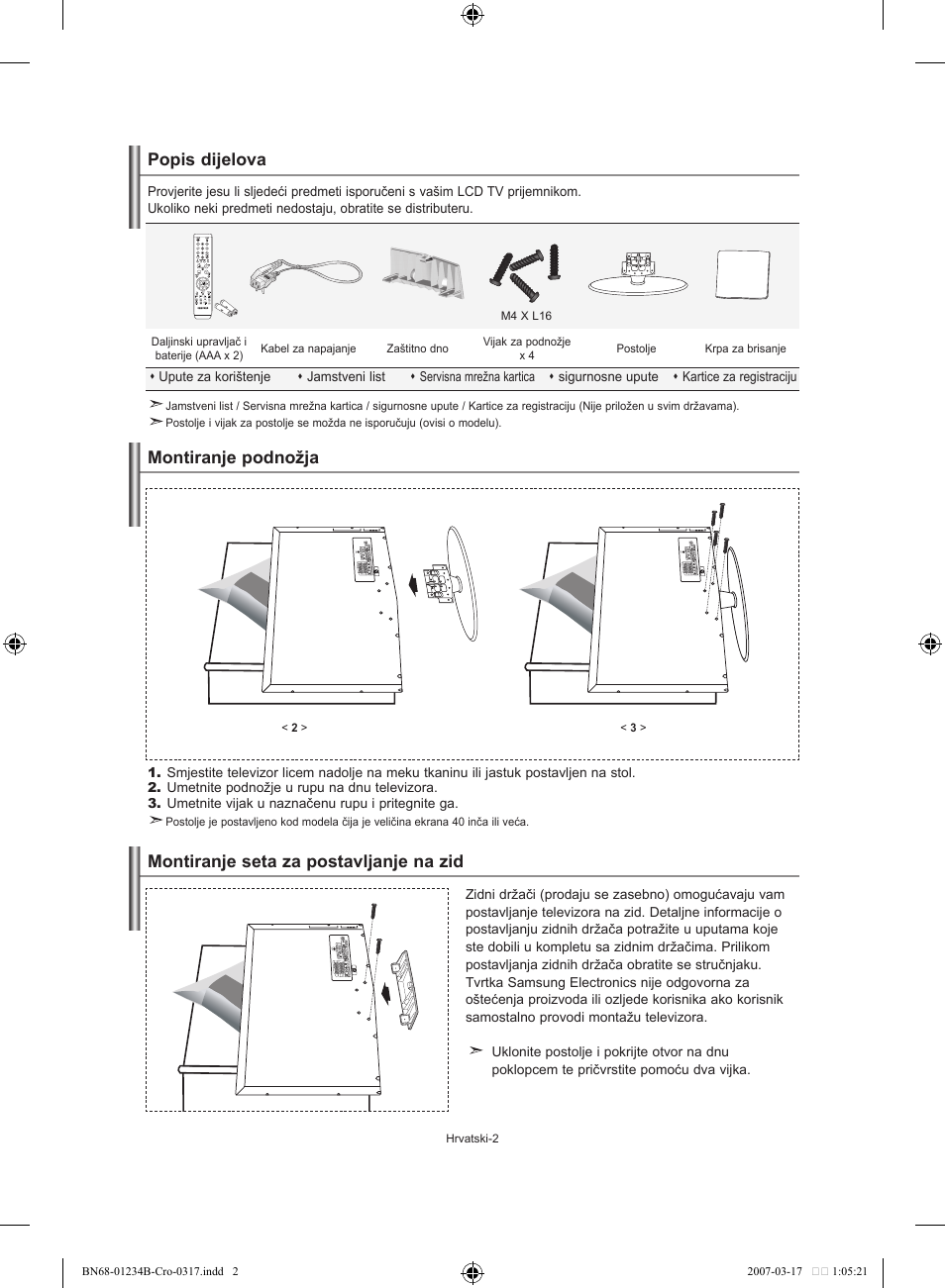 Popis dijelova, Montiranje podnožja, Montiranje seta za postavljanje na zid | Samsung LE37S62B User Manual | Page 172 / 282