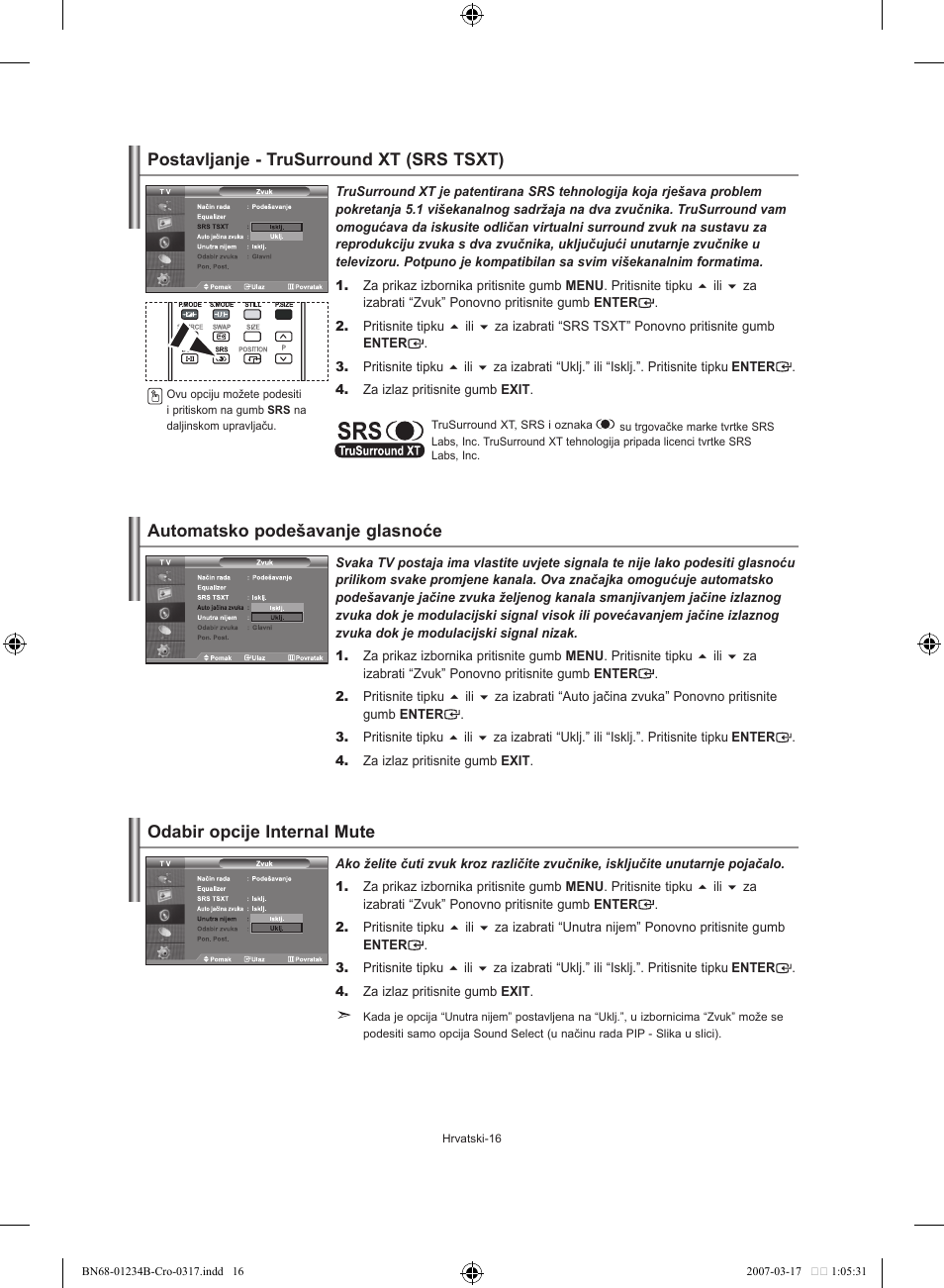 Postavljanje - trusurround xt (srs tsxt), Automatsko podešavanje glasnoće, Odabir opcije internal mute | Samsung LE37S62B User Manual | Page 186 / 282