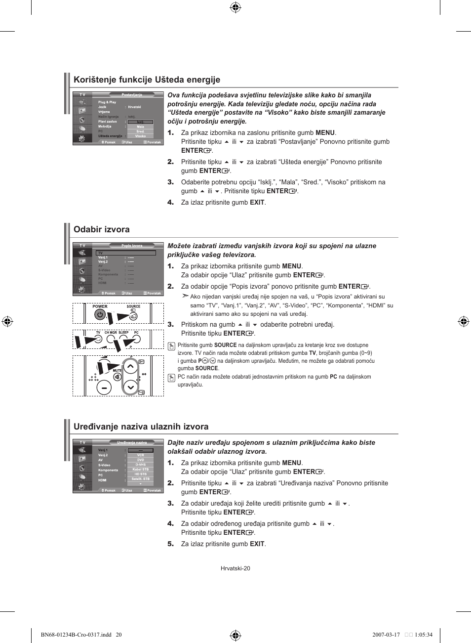 Korištenje funkcije ušteda energije, Odabir izvora, Uređivanje naziva ulaznih izvora | Samsung LE37S62B User Manual | Page 190 / 282