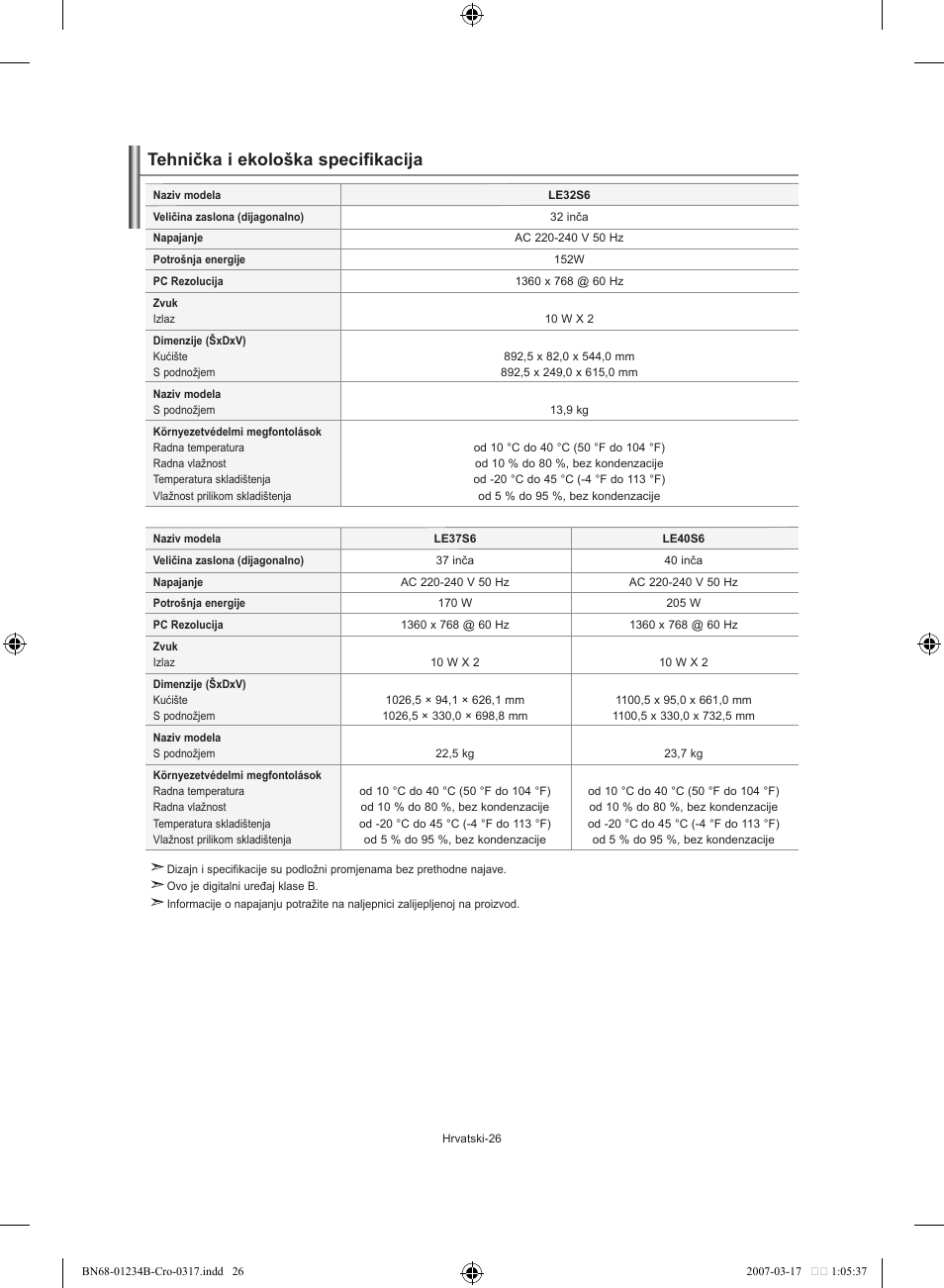 Tehnička i ekološka specifikacija | Samsung LE37S62B User Manual | Page 196 / 282