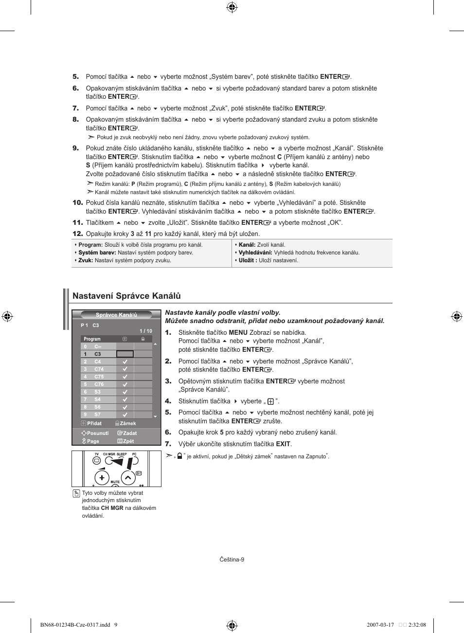Nastavení správce kanálů | Samsung LE37S62B User Manual | Page 207 / 282