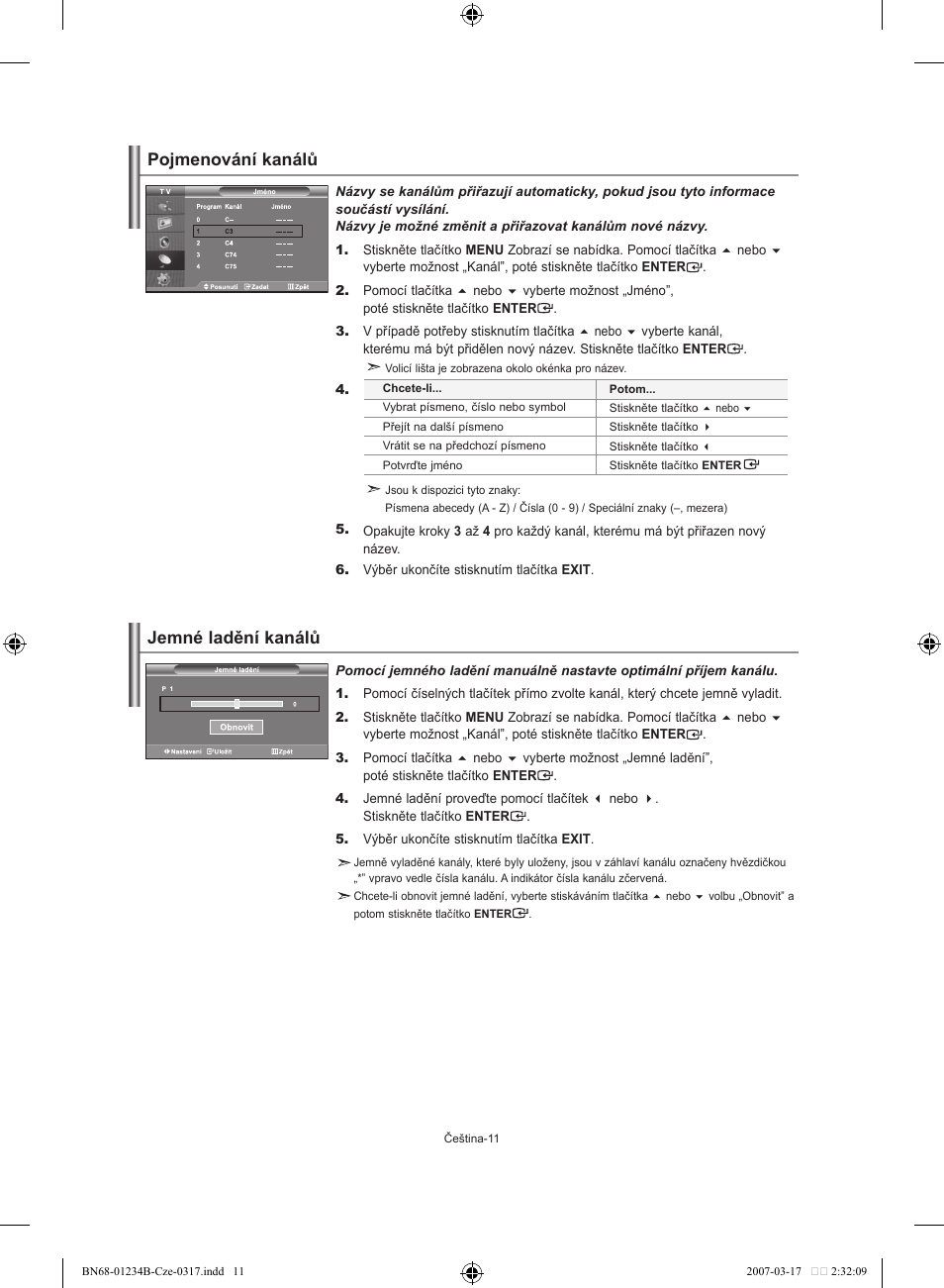 Pojmenování kanálů jemné ladění kanálů | Samsung LE37S62B User Manual | Page 209 / 282