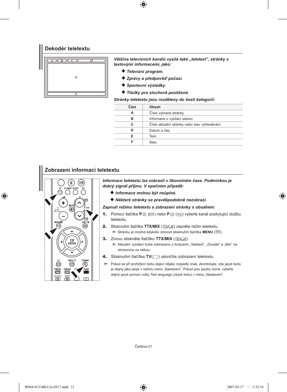 Dekodér teletextu zobrazení informací teletextu | Samsung LE37S62B User Manual | Page 219 / 282