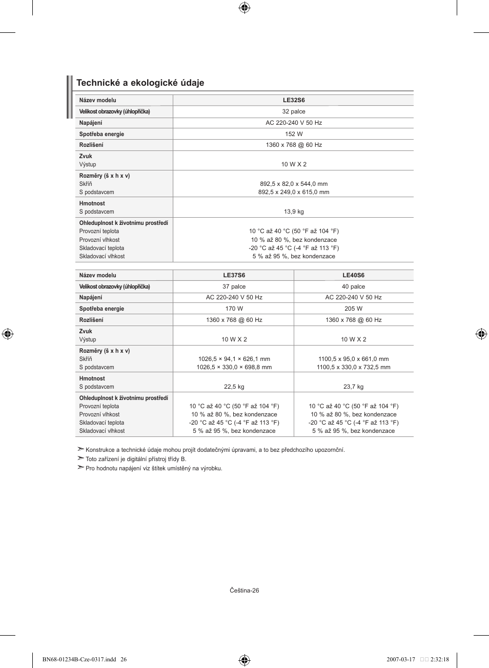 Technické a ekologické údaje | Samsung LE37S62B User Manual | Page 224 / 282