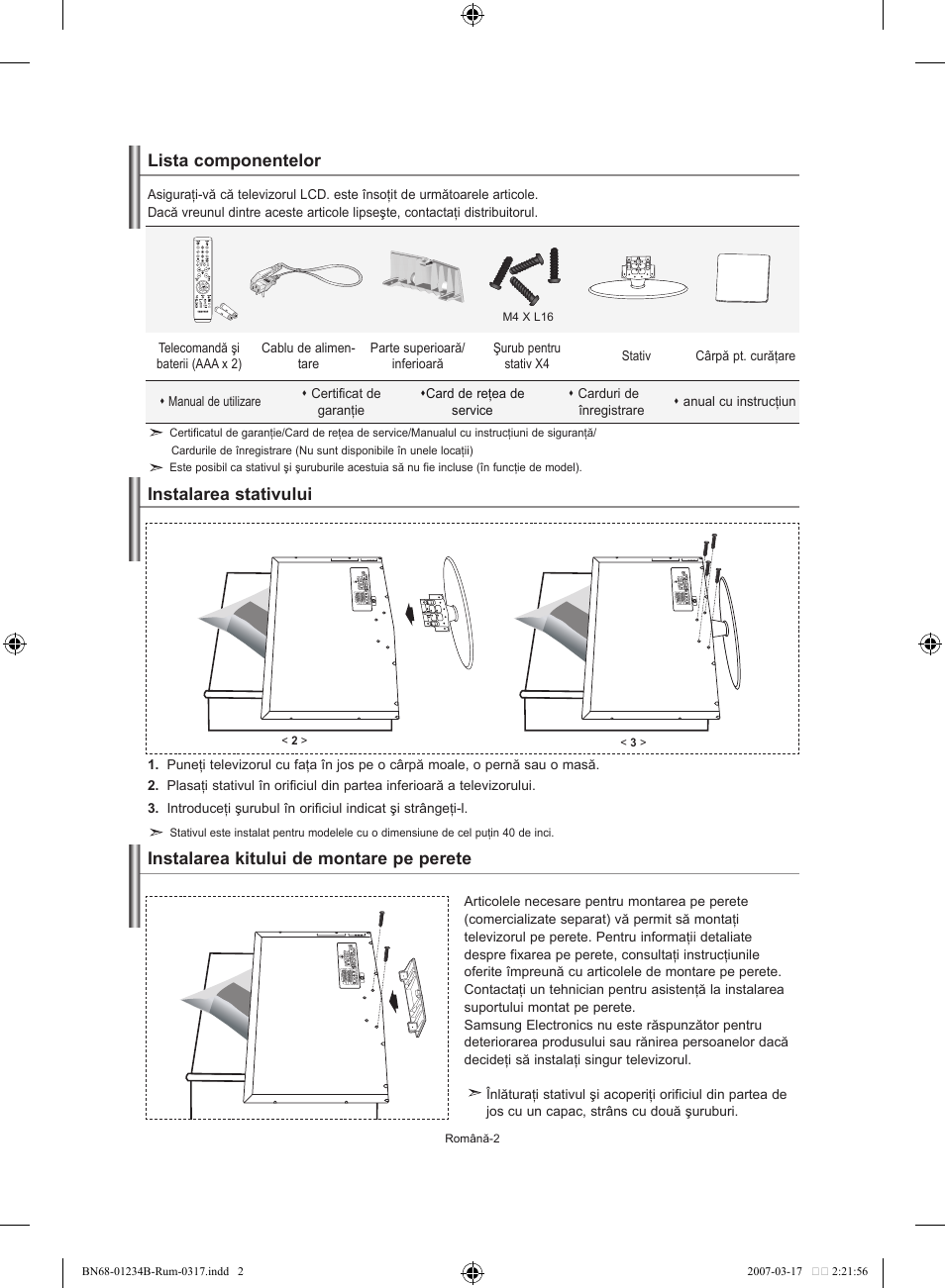 Lista componentelor, Instalarea stativului, Instalarea kitului de montare pe perete | Samsung LE37S62B User Manual | Page 228 / 282