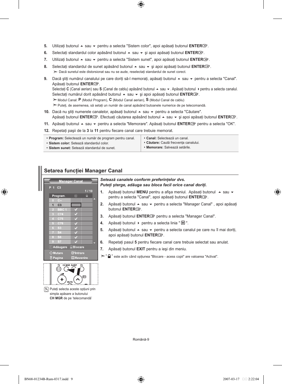 Setarea funcţiei manager canal | Samsung LE37S62B User Manual | Page 235 / 282