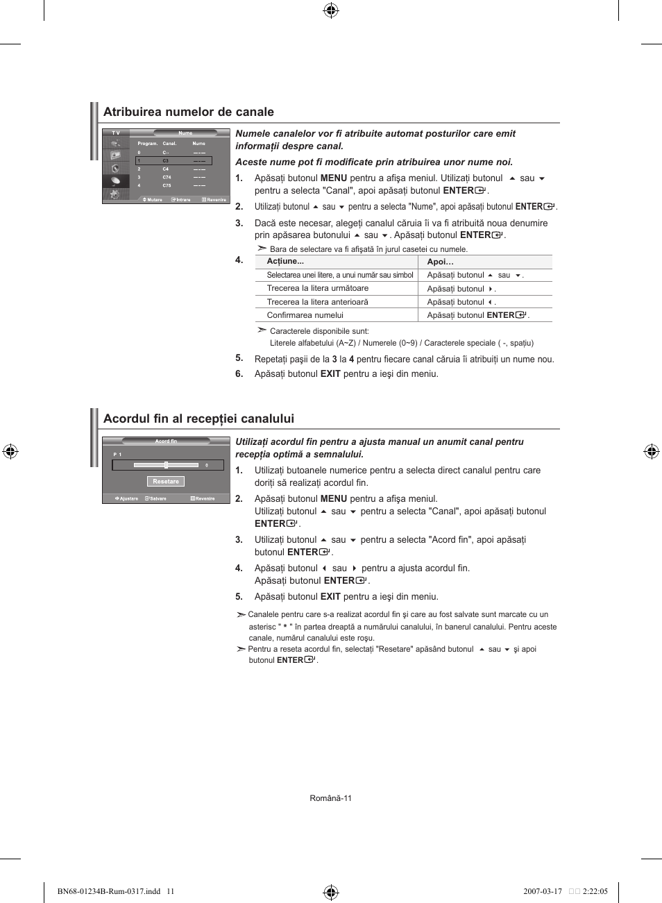 Acordul fin al recepţiei canalului, Atribuirea numelor de canale | Samsung LE37S62B User Manual | Page 237 / 282