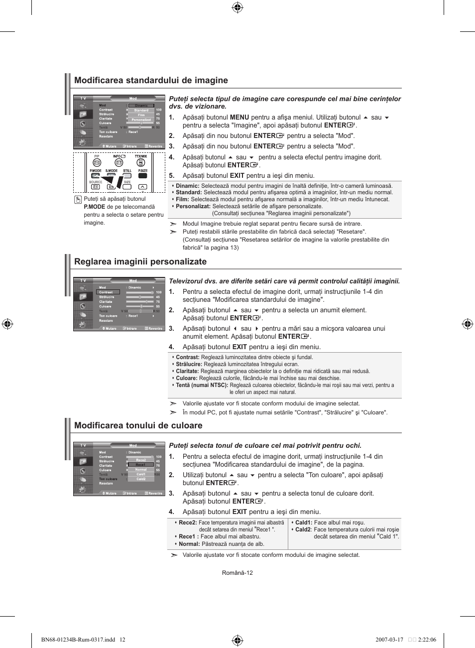 Modificarea standardului de imagine, Reglarea imaginii personalizate, Modificarea tonului de culoare | Samsung LE37S62B User Manual | Page 238 / 282