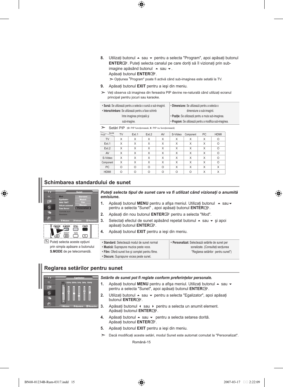 Schimbarea standardului de sunet, Reglarea setărilor pentru sunet | Samsung LE37S62B User Manual | Page 241 / 282