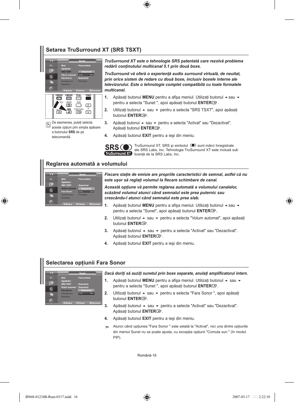 Setarea trusurround xt (srs tsxt), Reglarea automată a volumului, Selectarea opţiunii fara sonor | Samsung LE37S62B User Manual | Page 242 / 282