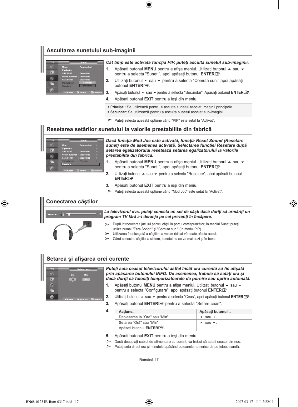 Ascultarea sunetului sub-imaginii, Conectarea căştilor, Setarea şi afişarea orei curente | Samsung LE37S62B User Manual | Page 243 / 282