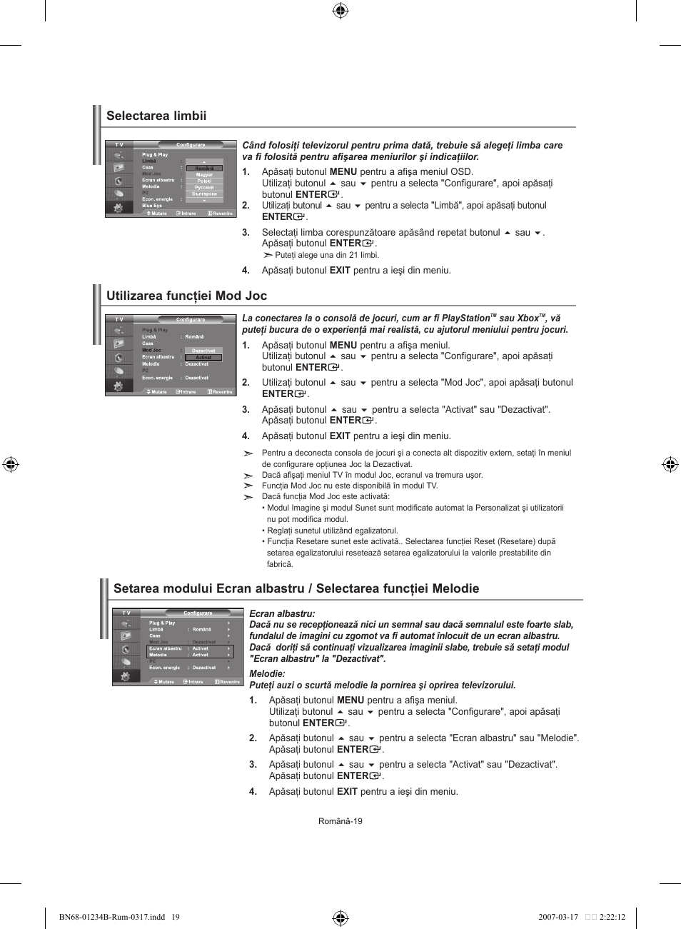 Selectarea limbii, Utilizarea funcţiei mod joc | Samsung LE37S62B User Manual | Page 245 / 282