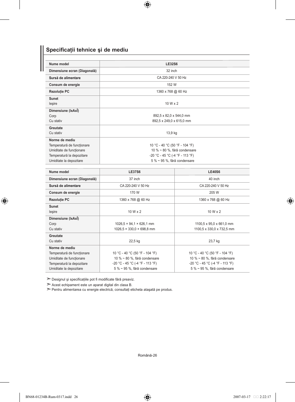 Specificaţii tehnice şi de mediu | Samsung LE37S62B User Manual | Page 252 / 282