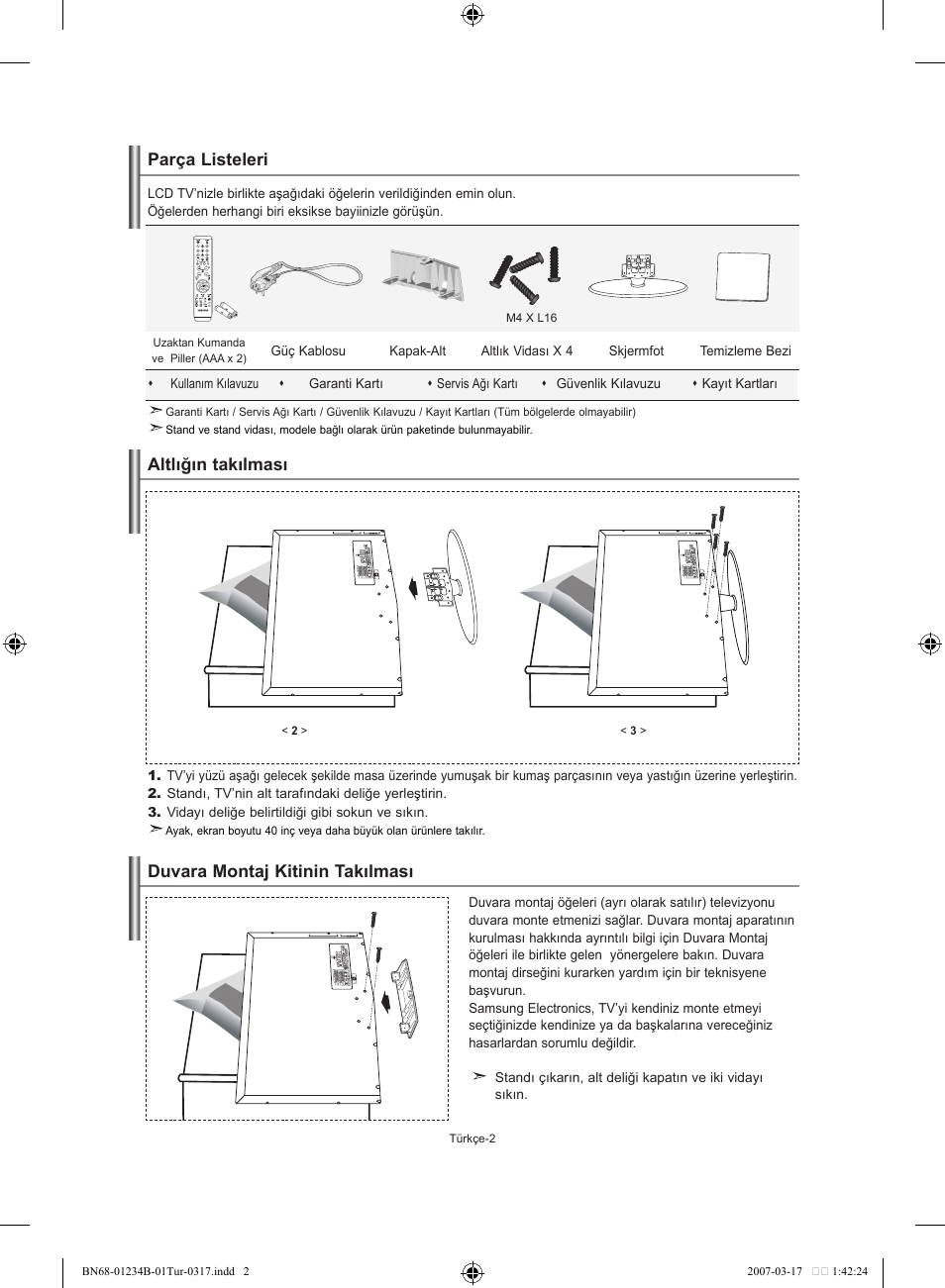 Parça listeleri, Altlığın takılması, Duvara montaj kitinin takılması | Samsung LE37S62B User Manual | Page 256 / 282