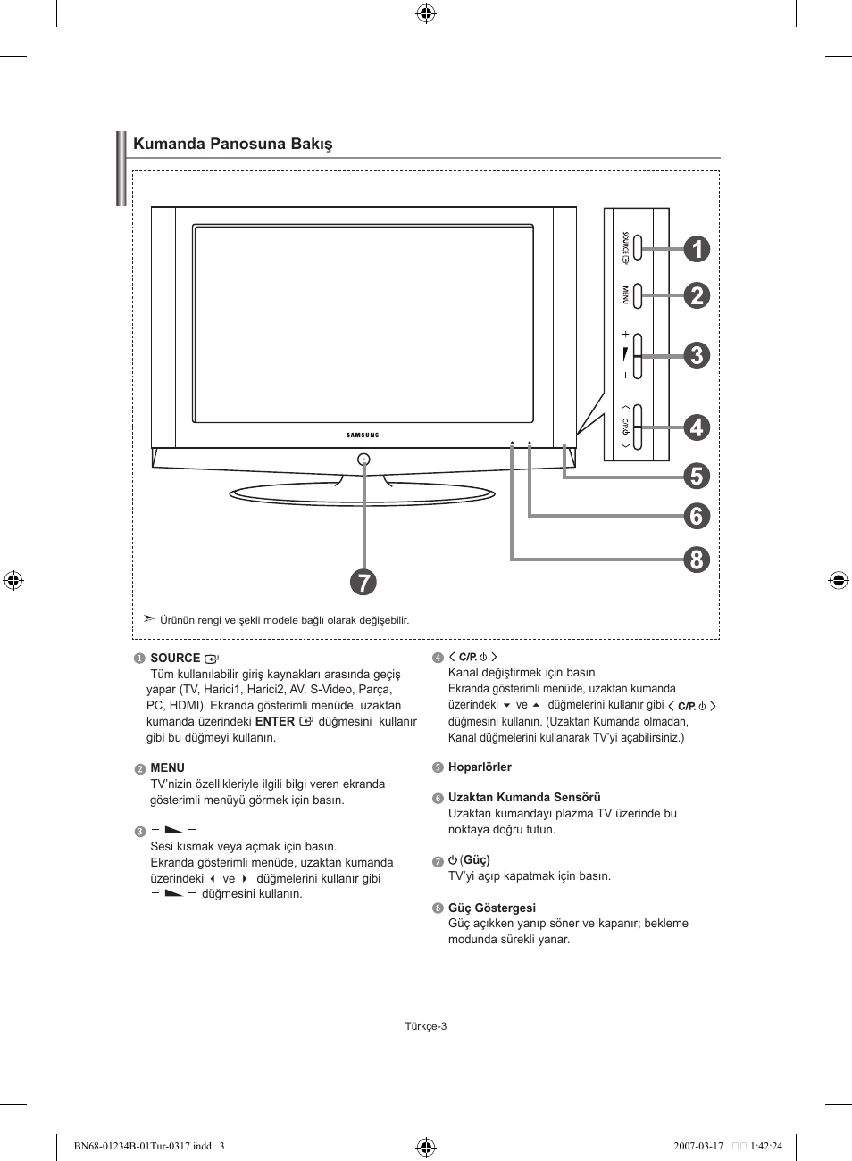 Kumanda panosuna bakış | Samsung LE37S62B User Manual | Page 257 / 282