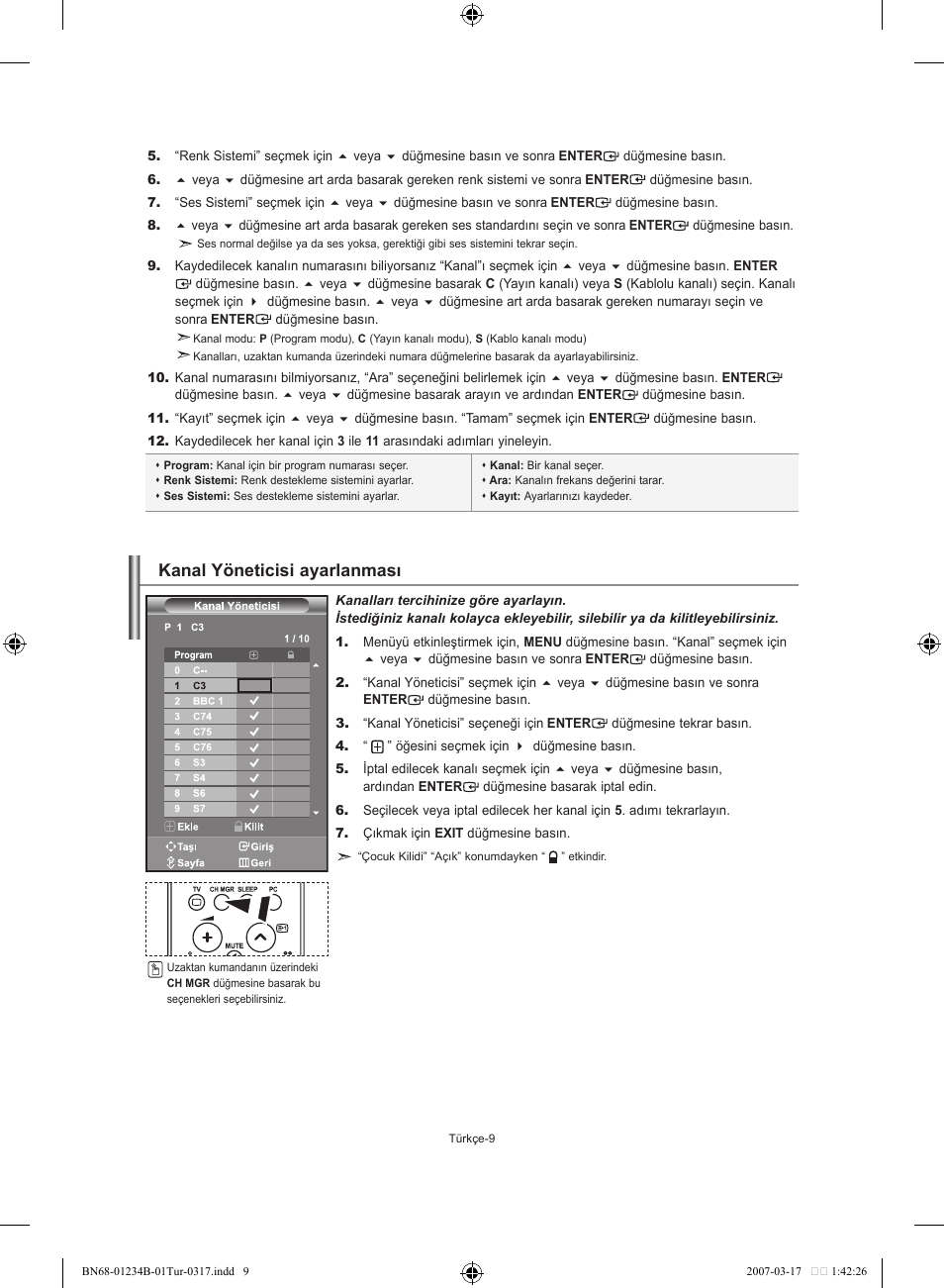 Kanal yöneticisi ayarlanması | Samsung LE37S62B User Manual | Page 263 / 282