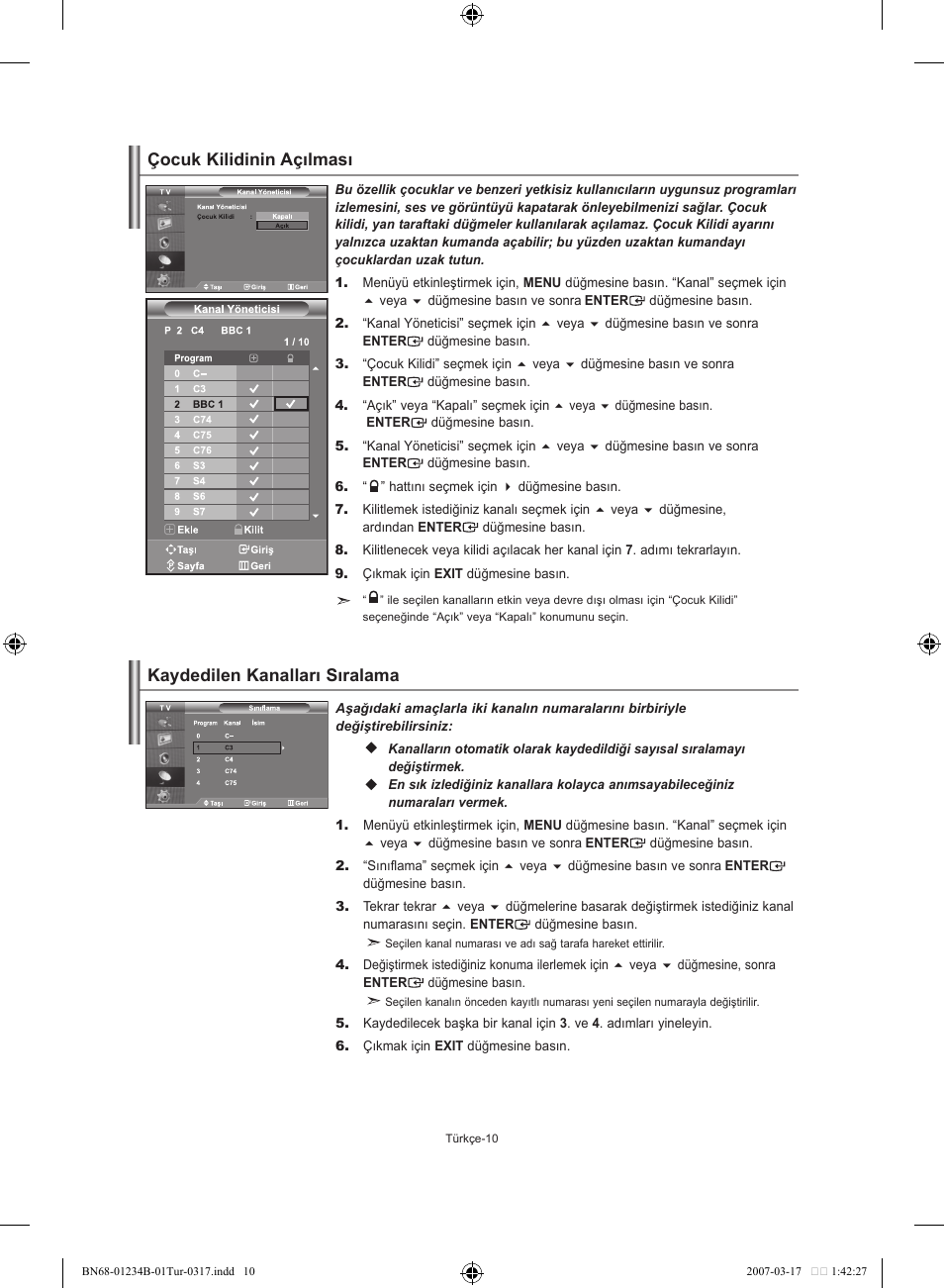 Kaydedilen kanalları sıralama, Çocuk kilidinin açılması | Samsung LE37S62B User Manual | Page 264 / 282