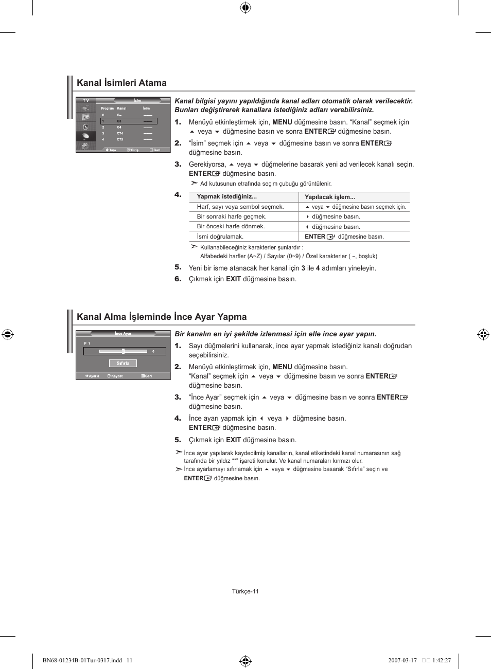 Kanal alma işleminde ince ayar yapma, Kanal isimleri atama | Samsung LE37S62B User Manual | Page 265 / 282