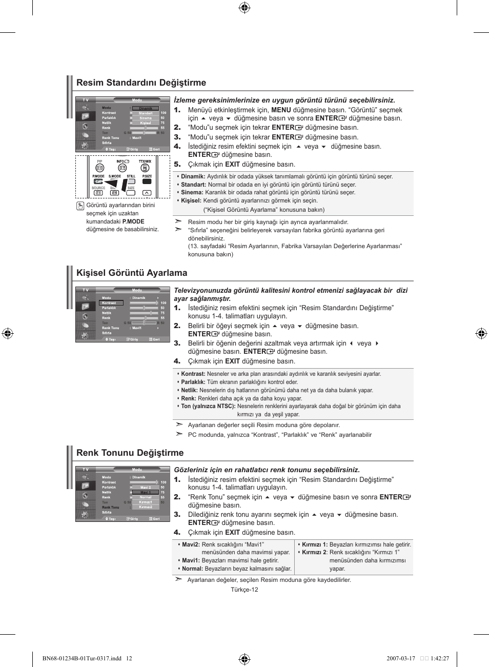 Resim standardını değiştirme, Kişisel görüntü ayarlama, Renk tonunu değiştirme | Samsung LE37S62B User Manual | Page 266 / 282