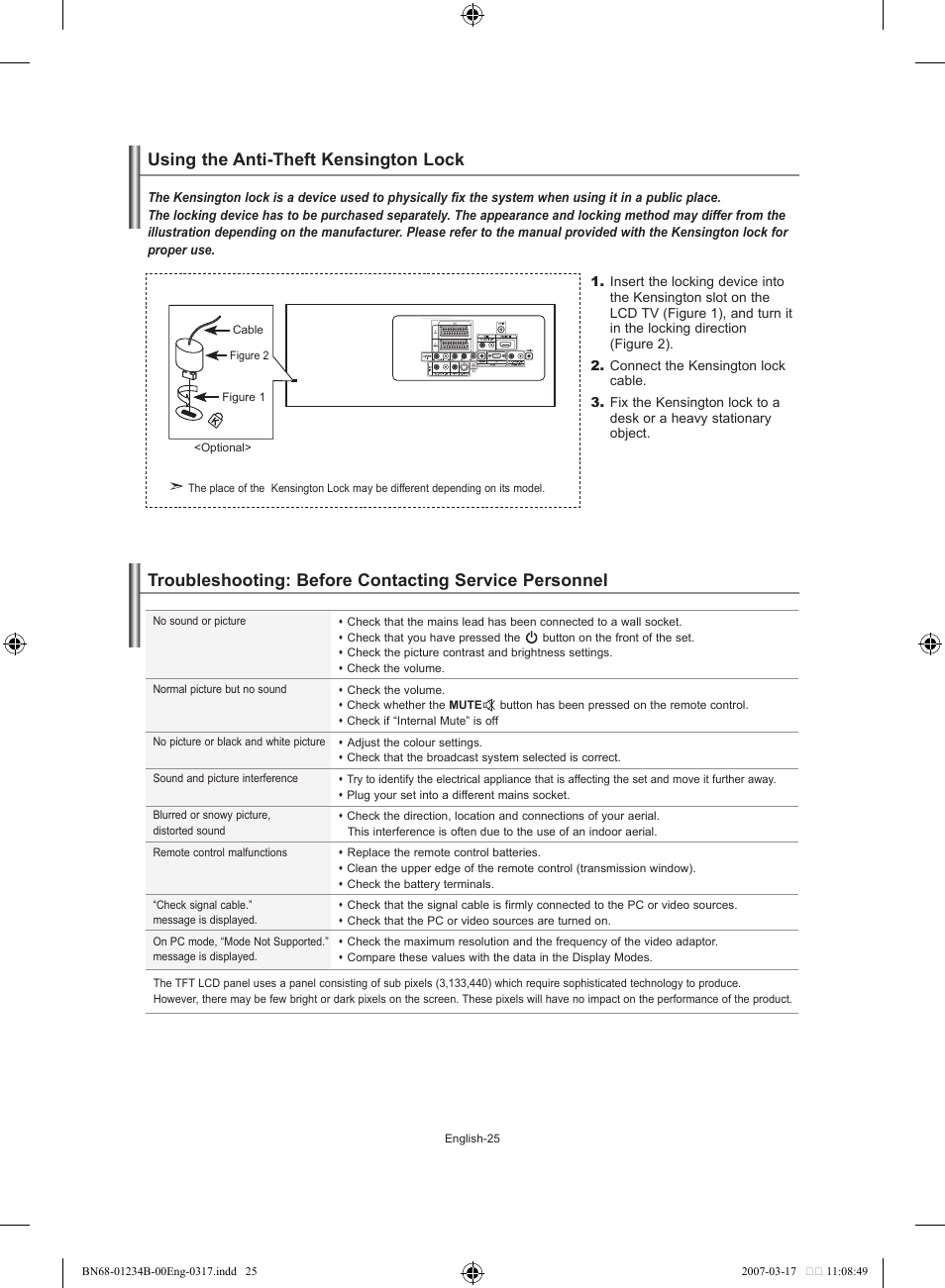 Recommendations for use, Using the anti-theft kensington lock | Samsung LE37S62B User Manual | Page 27 / 282