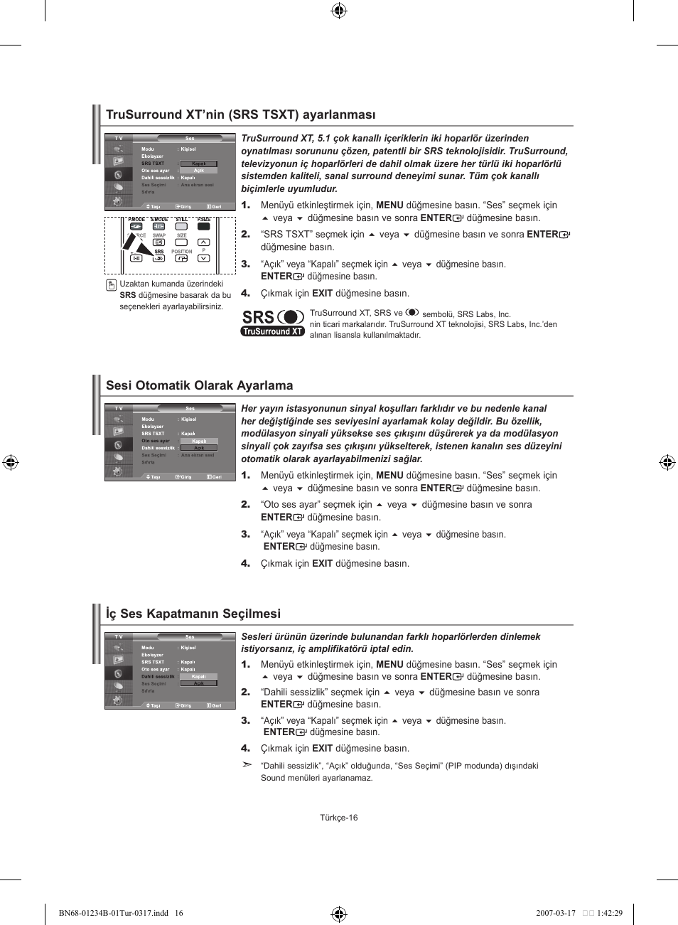 Trusurround xt’nin (srs tsxt) ayarlanması, Sesi otomatik olarak ayarlama, Iç ses kapatmanın seçilmesi | Samsung LE37S62B User Manual | Page 270 / 282