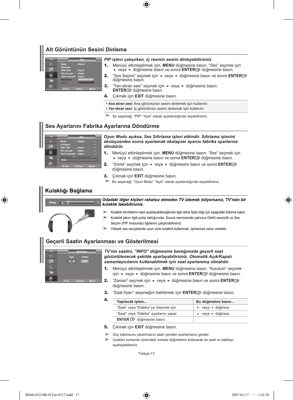 Ses ayarlarını fabrika ayarlarına döndürme, Kulaklığı bağlama | Samsung LE37S62B User Manual | Page 271 / 282